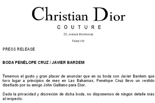 Penelope Cruz e Javier Bardem sposi: la maison Dior rilascia un Comunicato Stampa