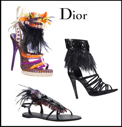 Dior, i sandali polinesiani con piume multicolor