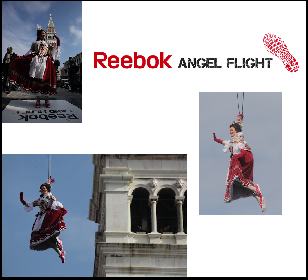 Carnevale di Venezia: l'Angelo ha volato con scarpe Reebok per inaugurare le feste in maschera