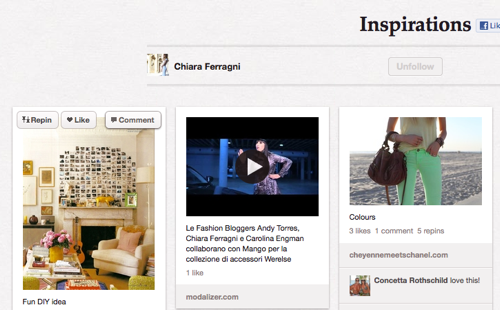 Chiara Ferragni su Pinterest fa il repin di Modalizer