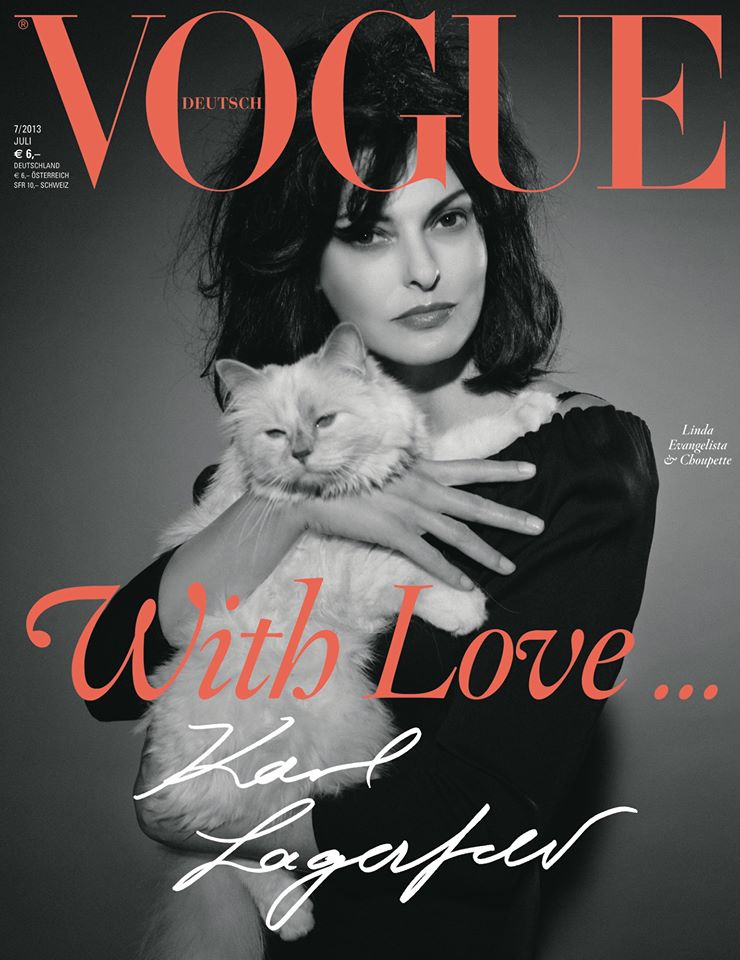 linda evangelista & choupette karl lagerfeld vogue germany, july 2013