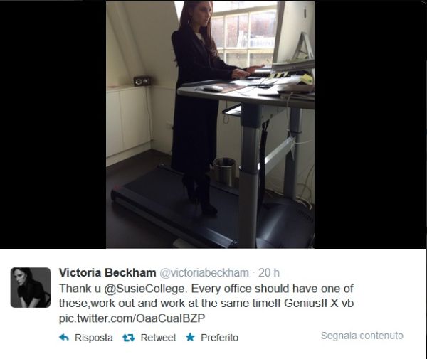 Victoria Beckham, tacchi a spillo sul tapis roulant in ufficio